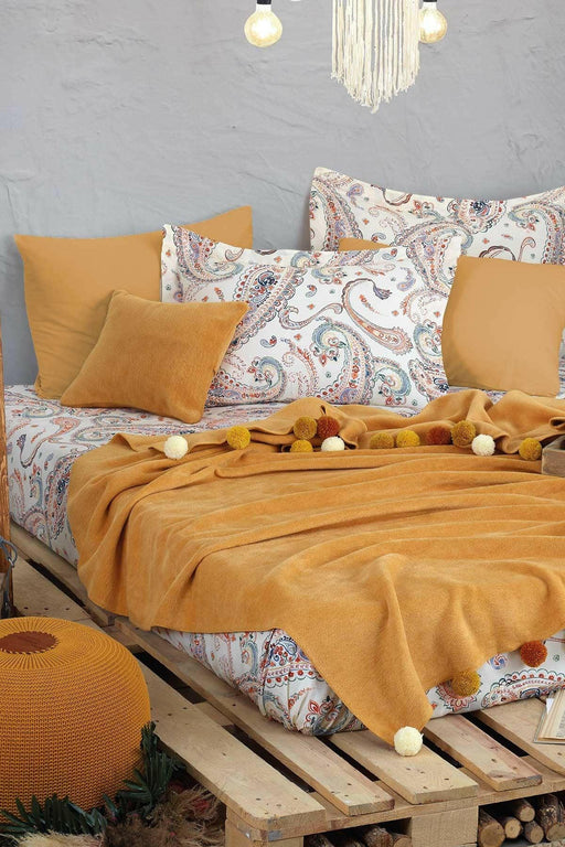 Boho Chic Çift Kişilik Battaniye Seti Hardal - Luxurahome.com